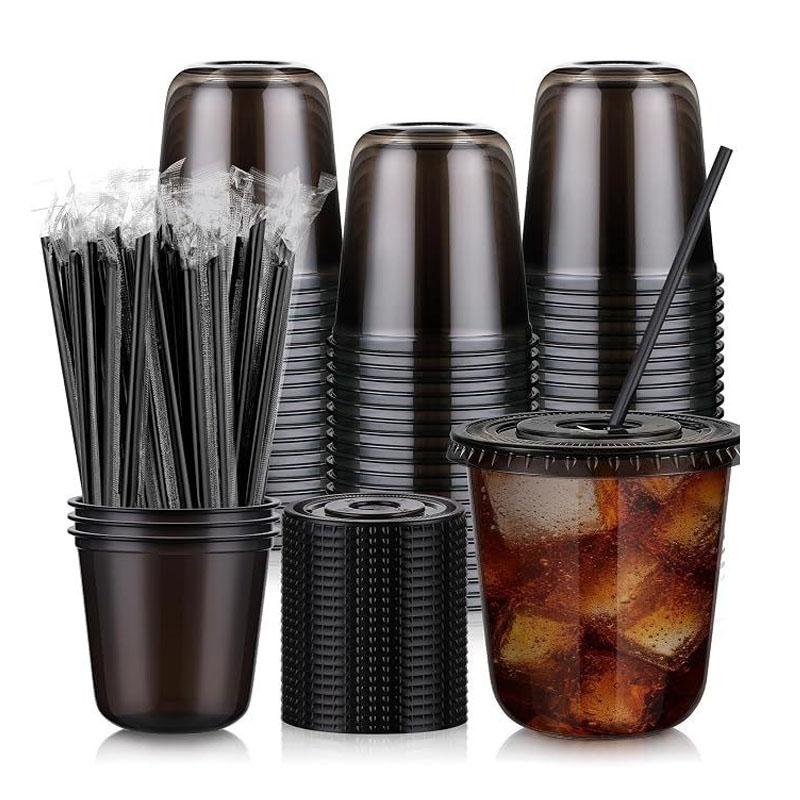 100 Pack 16 oz Plastic Cups, Disposable Iced Coffee Cups with Lids and Straws, Smoothies Milkshakes Juice, Sturdy Crystal Clear, Home Office Party