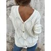 Women's long-sleeved V-neck hollow leaf pattern button knit sweater