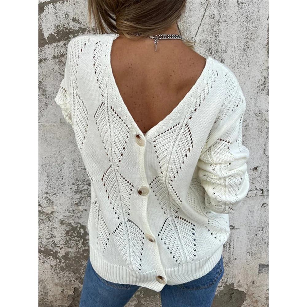 Women's long-sleeved V-neck hollow leaf pattern button knit sweater