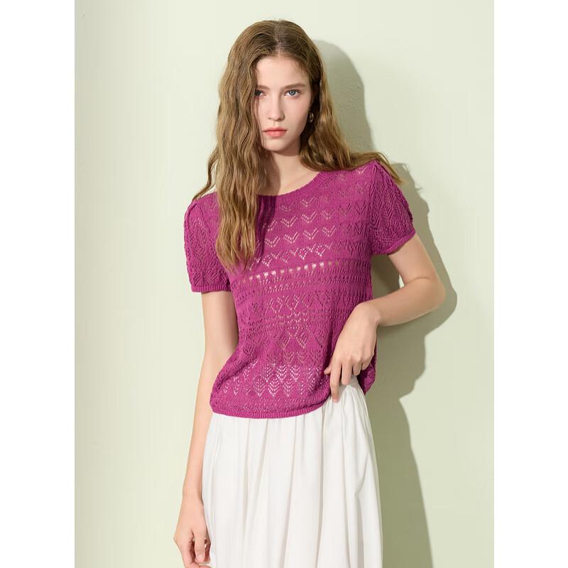 Sancai 2025 Summer Textured Hollow Knit Short Sleeve Pullover