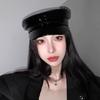 PU Beret British Elegant Shiny Black Painter Hat Grandpa Hat Cabbie Hat for Outdoor Walk Club Cabbie Hat
