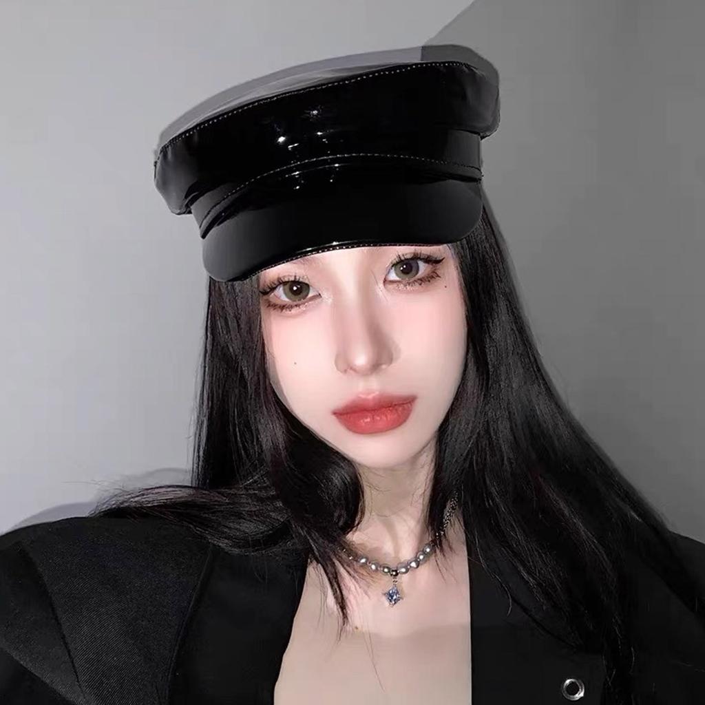 PU Beret British Elegant Shiny Black Painter Hat Grandpa Hat Cabbie Hat for Outdoor Walk Club Cabbie Hat