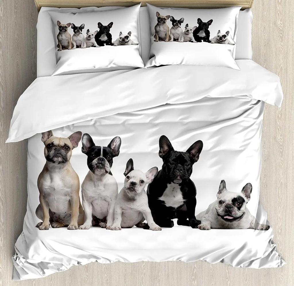Bulldog Bedding Set For Bedroom Bed Home Group Of Young French Bulldogs With Adorable Exp Duvet Cover Quilt Cover And Pillowcase