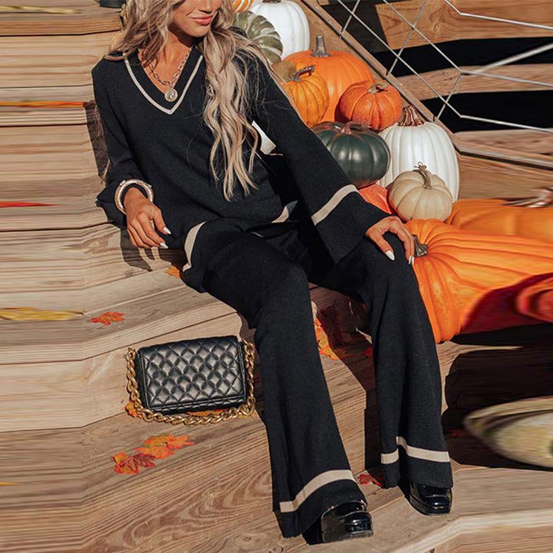 Women's Color Collision Fashion Casual Suit Autumn Winter V-neck Long Sleeve Pullover High Waist Wide Leg Pants Two Pieces Sets