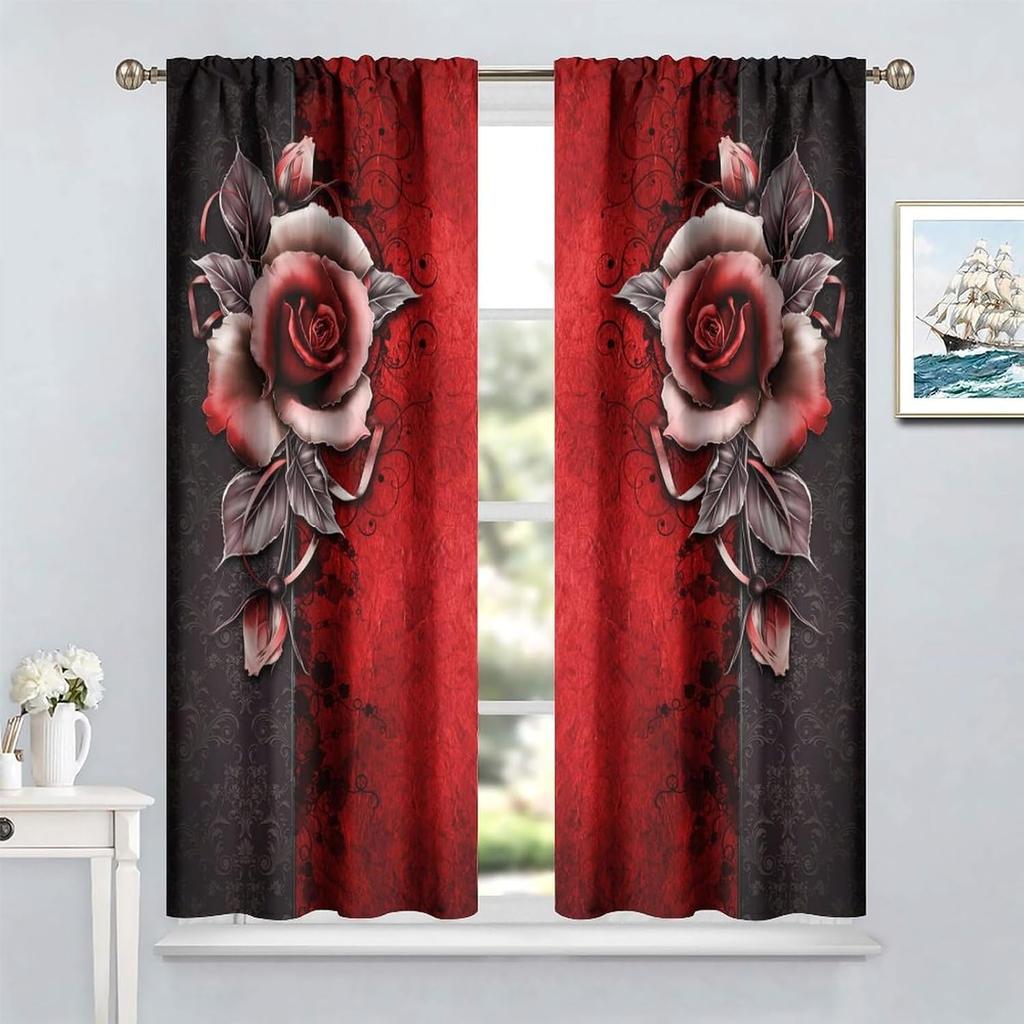 Red Rose Curta,Valentines Romantic Rose Print Burgundy Red And Black Flower Window Treatments For Women Girls Home Decor