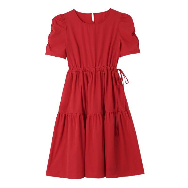 2026 Summer Women's Plus Size Red A-Line Short-Sleeve Waist-Cinched Dress