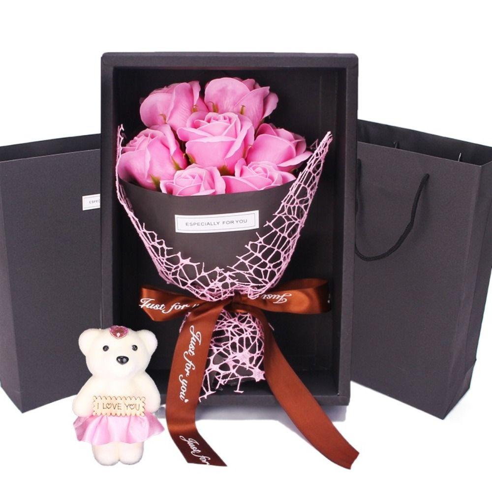 With Bear Doll 7 Rose Soap Bouquet Packing Box Artificial Flowers Rose Bouquet Gift Box Ribbon Bow Simulated Rose Bundle