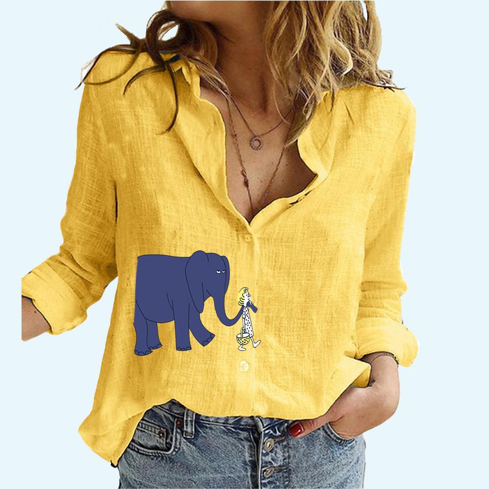 

Женская мода блузки с принтом слона весна и осень повседневный льняной топ с длинными рукавами женский кардиган рубашка с длинным рукавом 5XL жёлтый