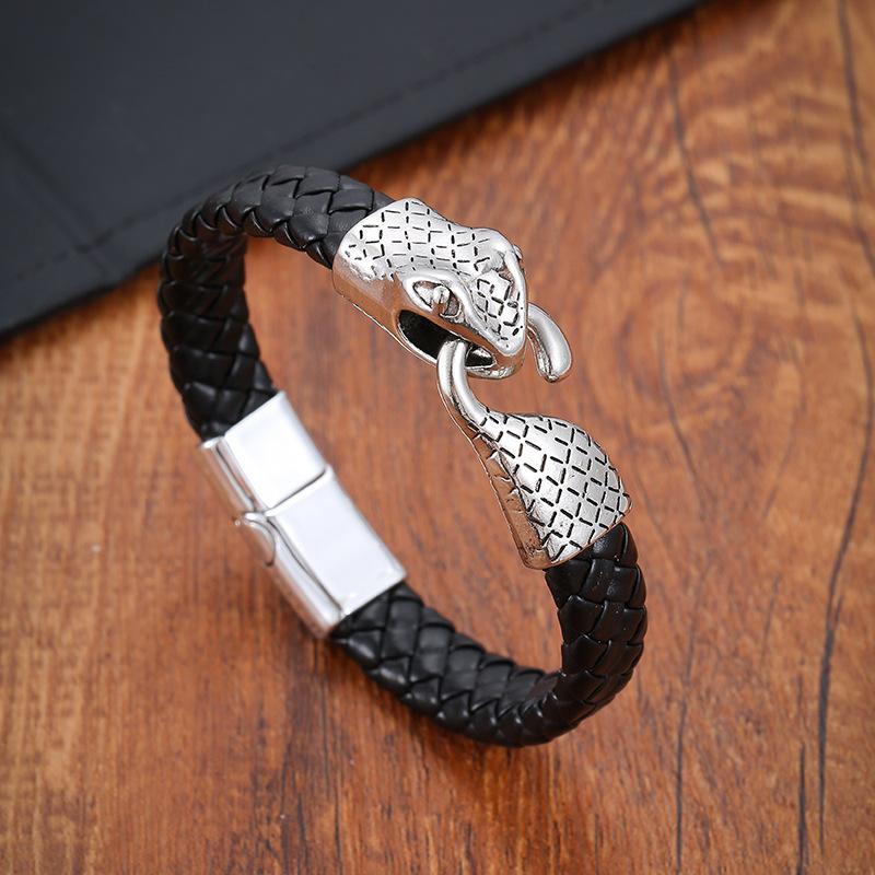 Минималистичный Браслет из Плетеной Кожи с Головой Змеи Мужской Модный Аксессуар