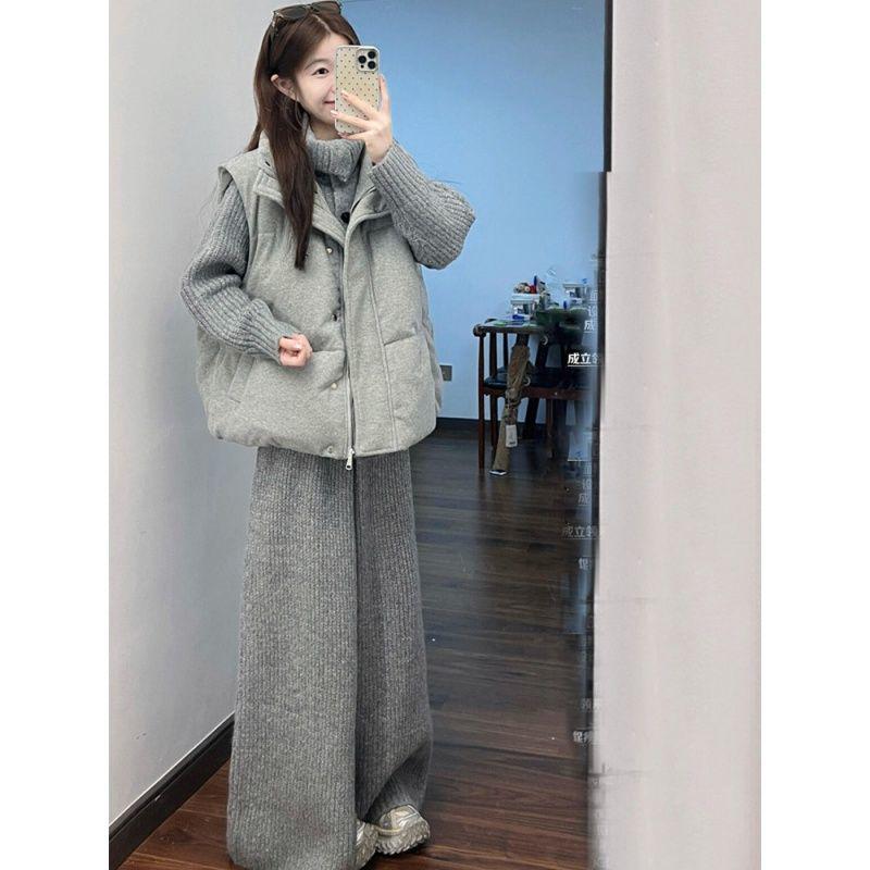 

Korean Retro Winter Set: Grey Stand Collar Cotton Vest, Lapel Cardigan, Wide-Leg Pants for Women S