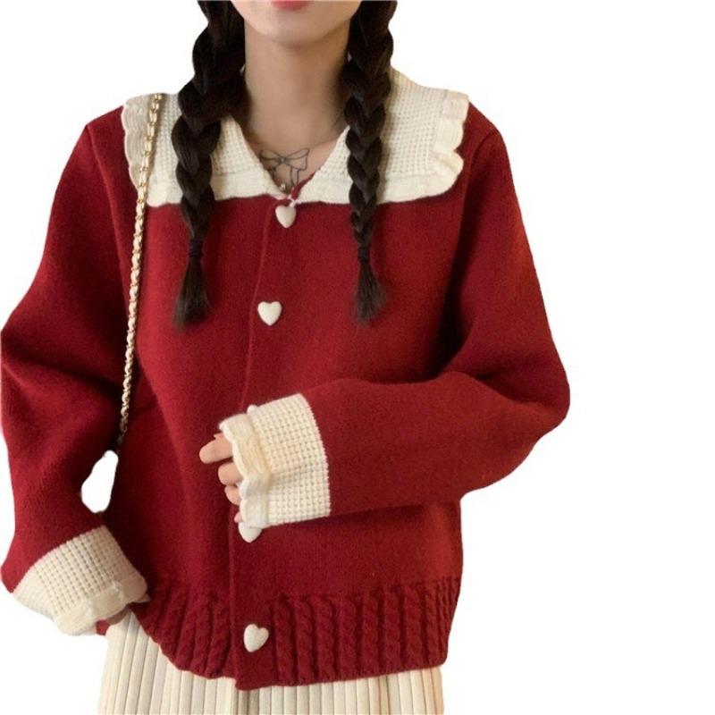 Autumn contrasting knitted cardigan women's sweet lace loose and thin top jacket women's clothing