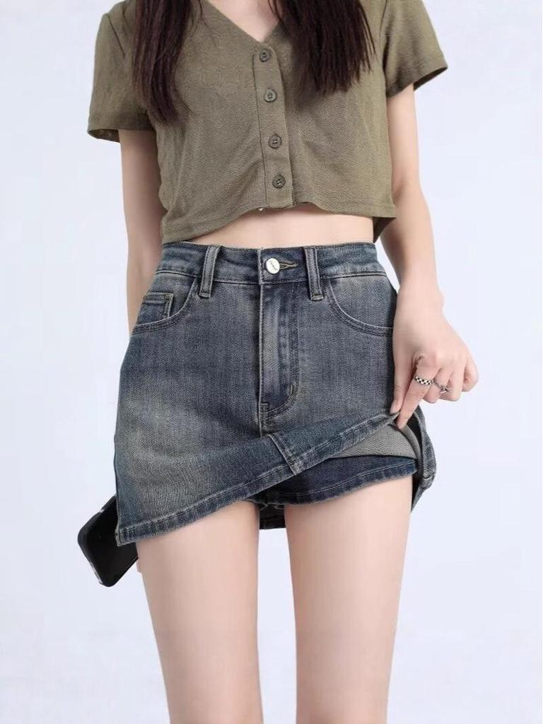 2025 Retro Spicy Girl High Waist A-Line Denim Mini Skirt - Anti-Exposure, Bodycon Fit