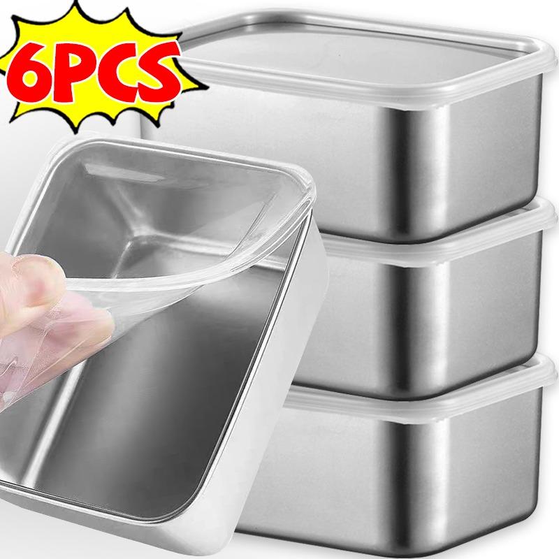 6/1 Stück Kühlschrank Lebensmittelaufbewahrungsbox mit Kunststoffdeckel für Kühlschrank Büro Camping Picknick Quadratische Metallbehälter für Brot