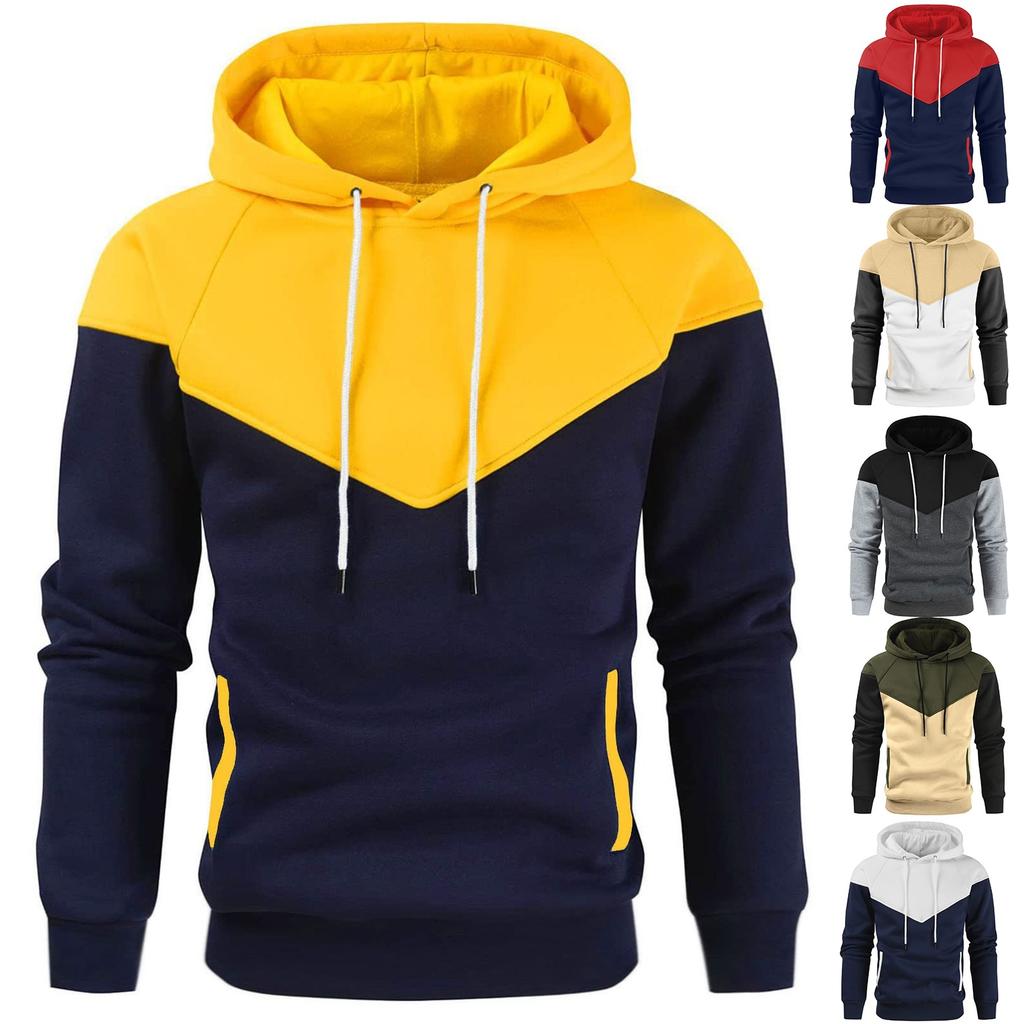 Mens Casual Hoodies Patchwork Drawstring Long Sleeve  Sweatshirt Lightweight Winter Fall Fleece Top With Hood