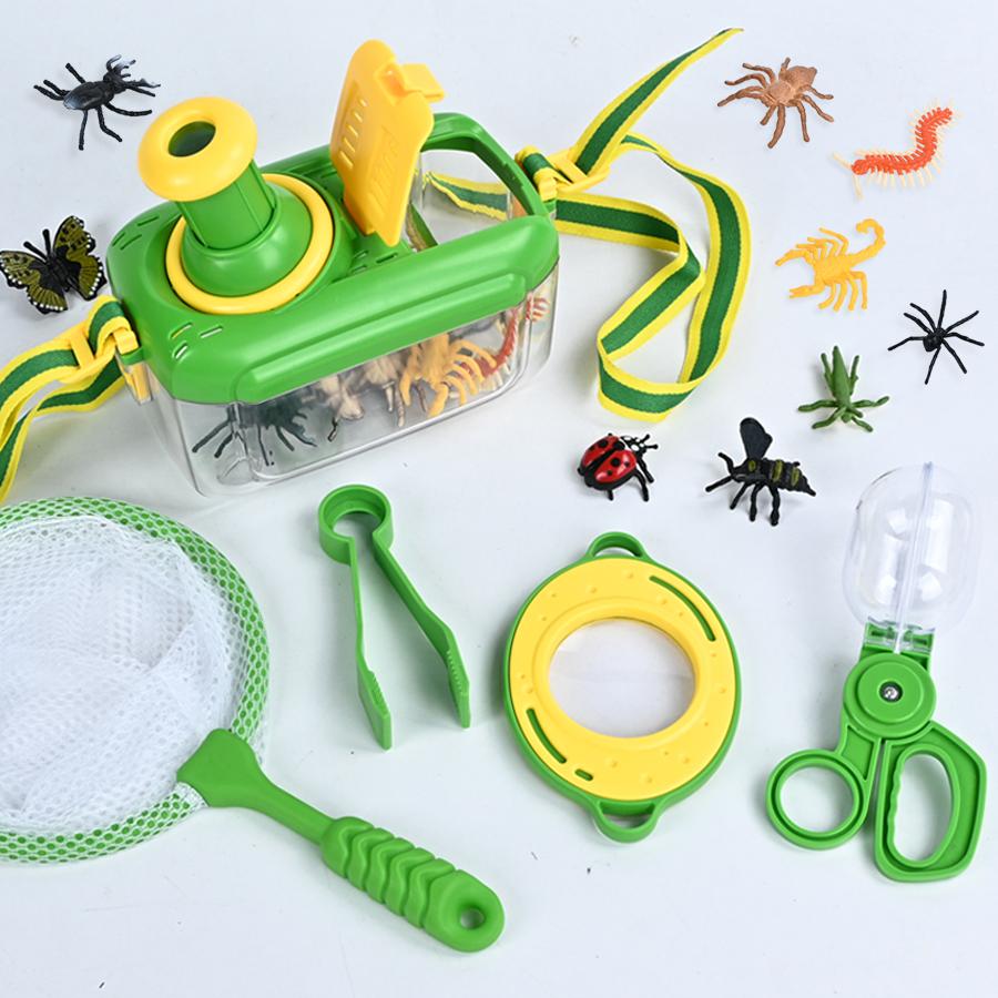 Children'S Outdoor Adventure Transparent Handheld Insect Box 17Pcs Capture Net Insect Model Magnifying Mirror Insect Clip Toy
