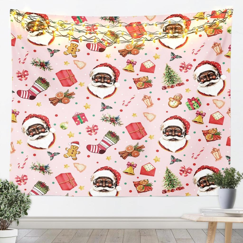 Black Santa Claus Tapestry Afro African American Wall Art Merry Christmas Wall Hanging Blanket for Living Room Bedroom Home