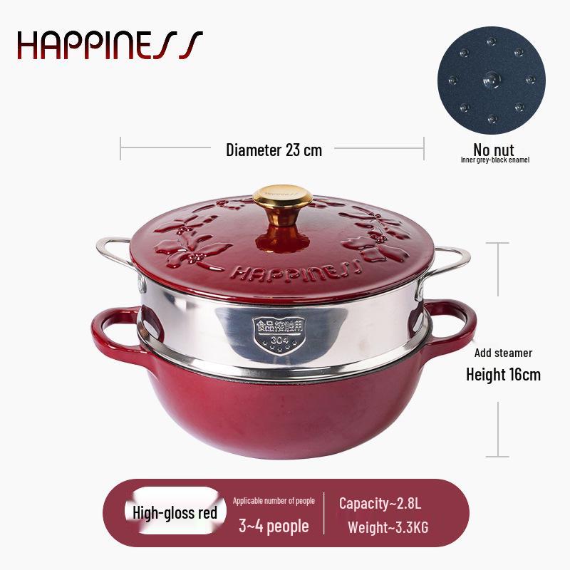 Little Happiness 23cm Non-stick Enamel Embossed Soup & Stew Pot, Induction Compatible