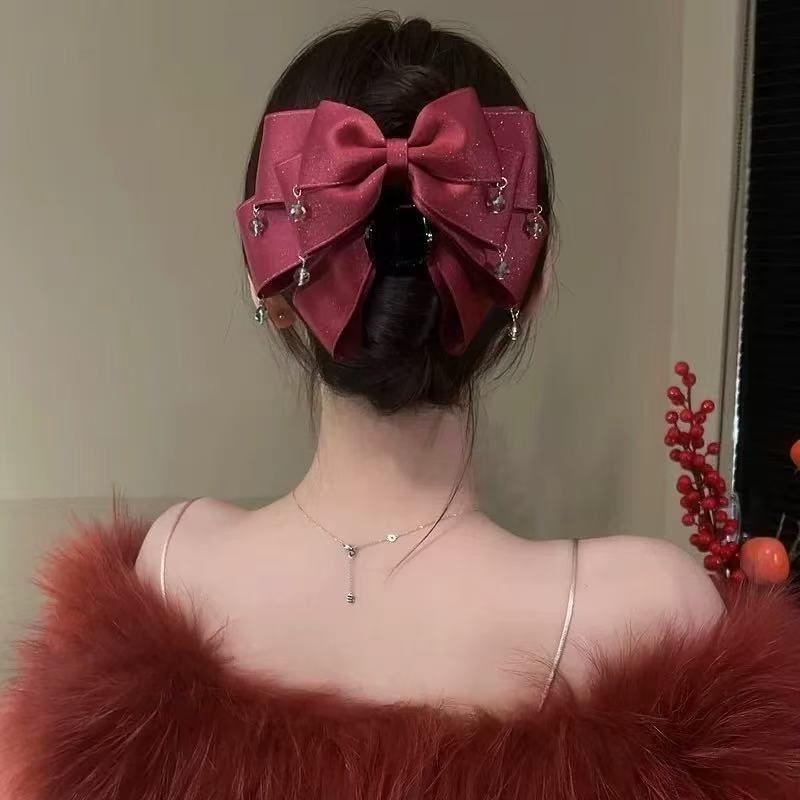 French Retro Bow Beads Claw Clip Korean Fashion Red Ponytail Clip Women's Hairpin Hair Accessory