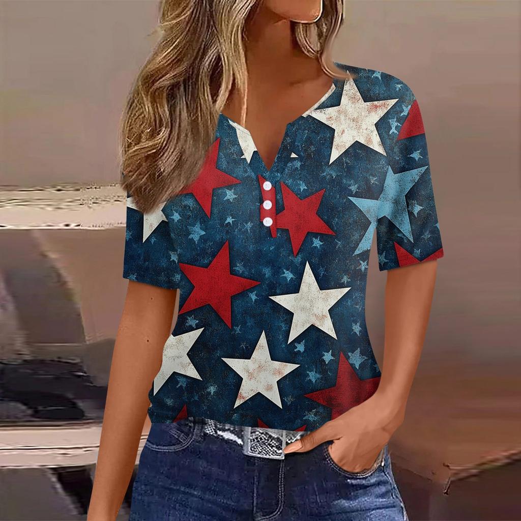 Women's T Shirt Tee Independence Day Print Button Short Sleeve Daily Weekend Fashion Basic V-Neck Regular Top