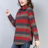Korean Cotton Hemp Women Polo-Neck Striped Button Patchwork Temperament All-match Loose Long Sleeve Shirts Tops