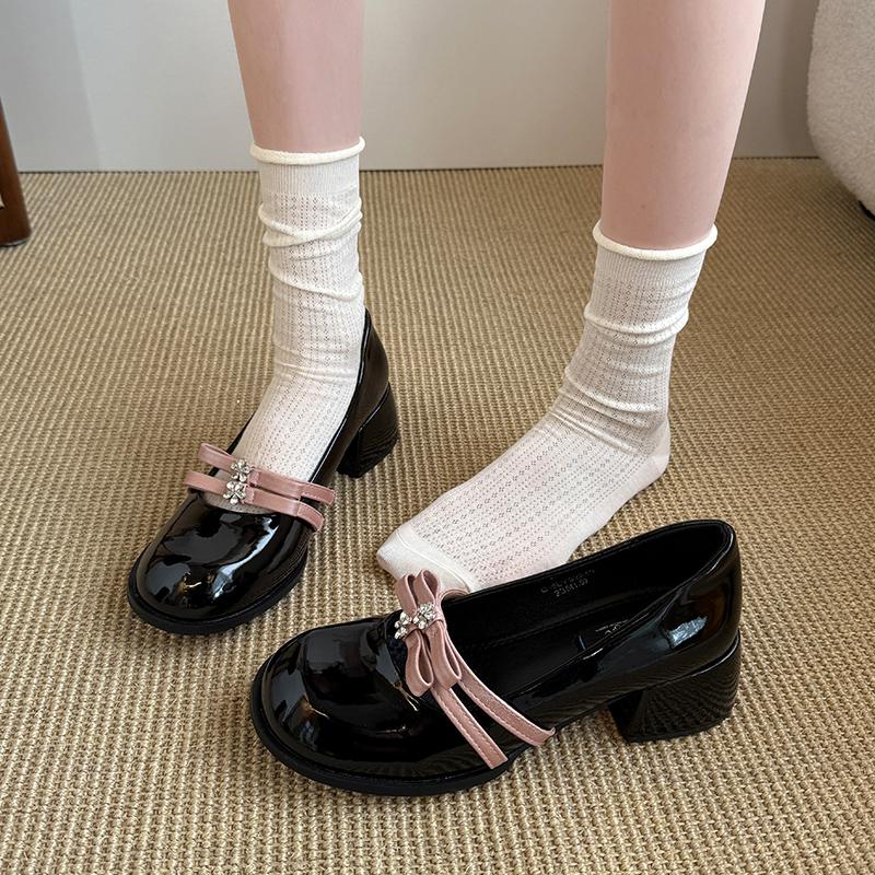 Block Heel Mary Jane Single Shoes Women's Round Toe Shallow Slip Rhinestone Bow Slip Anti-Slip Wear-Resistant High Heels