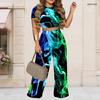 Women Plus Size Light Grey Round Neck Short Sleeve Printed Crop Top Wide Leg Pants Two Piece Set