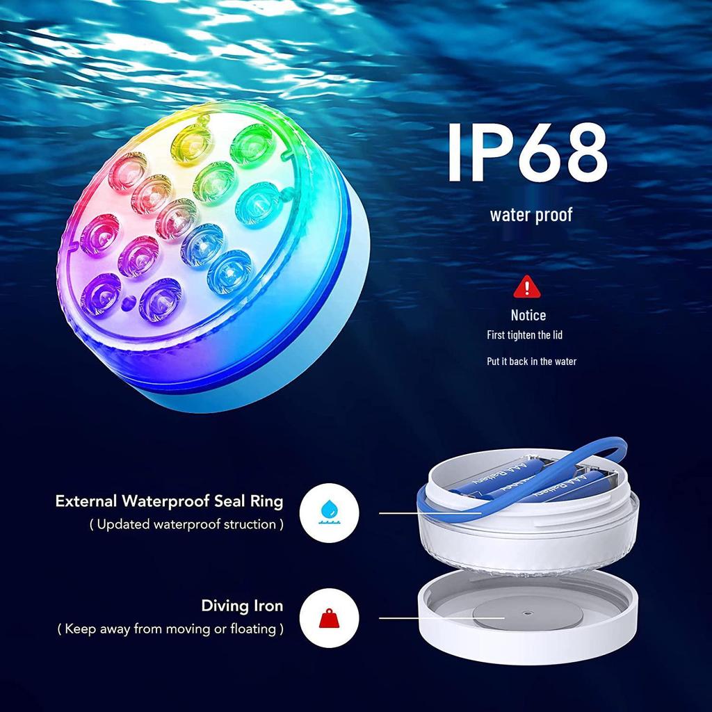 7CM 13-LED Submersible Pool Light with RF Remote & Suction Cup - 16 Colors, Four Magnets, Courtyard Decor