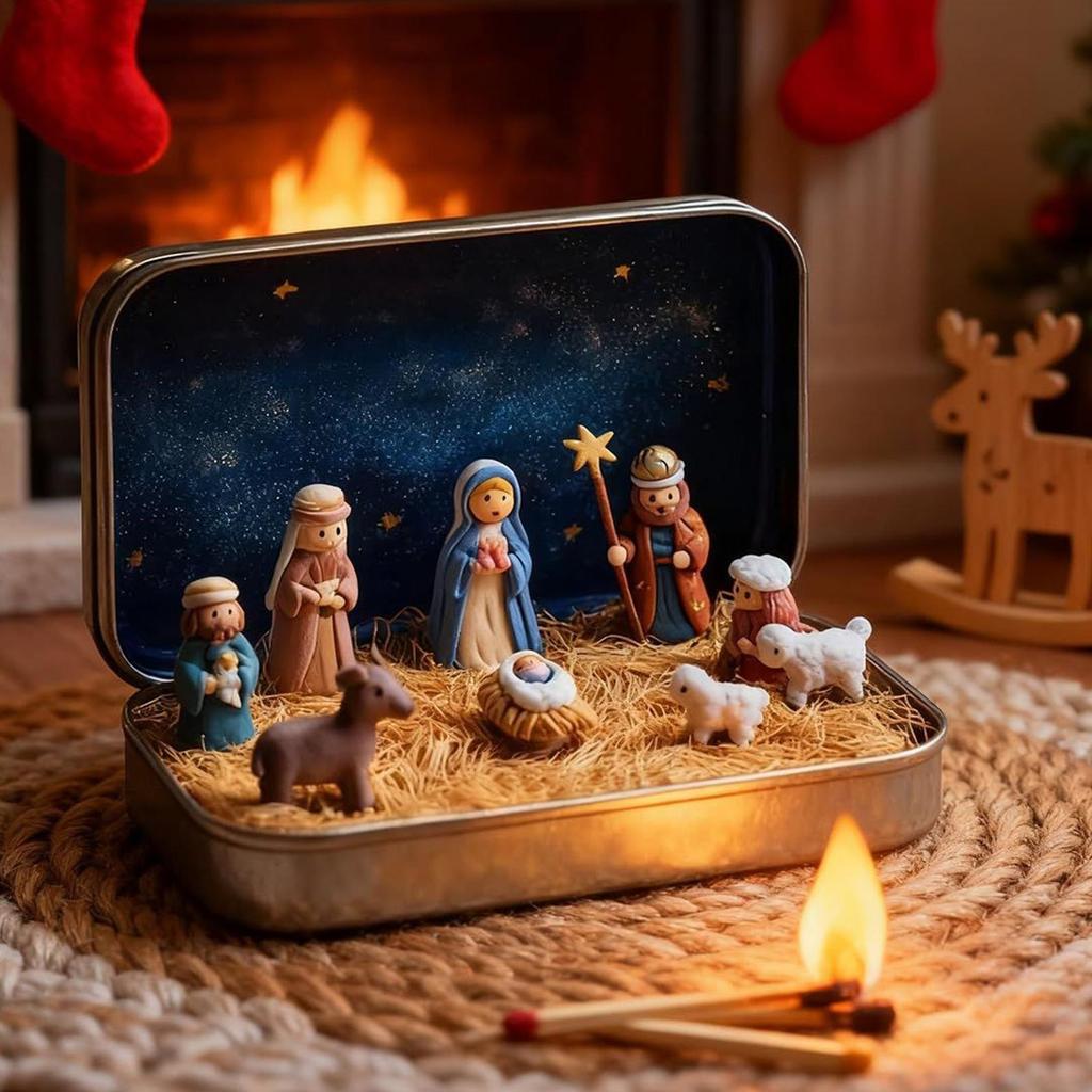 Handmade Pocket Christmas Nativity Scene Gift Tin Box Mini Christmas Nativity Scene Set 3D Holy Figurines Religious Ornament