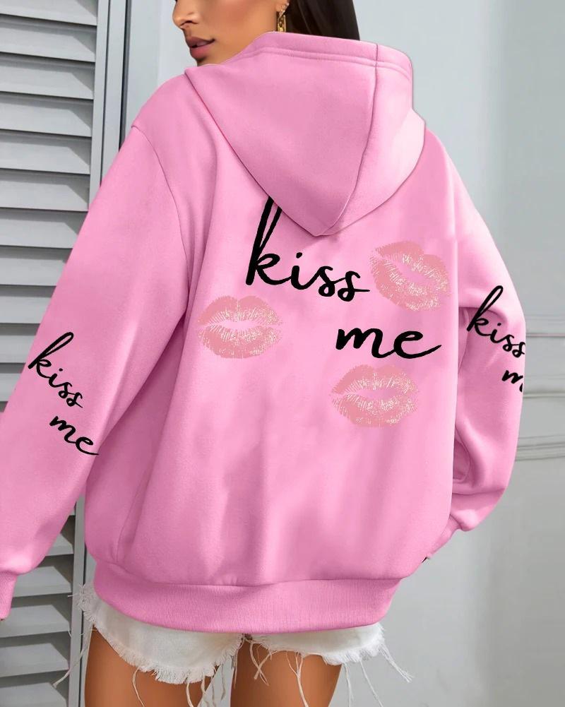 Kiss Me Lip Print Women's Autumn Fleece Hoodie with Pocket