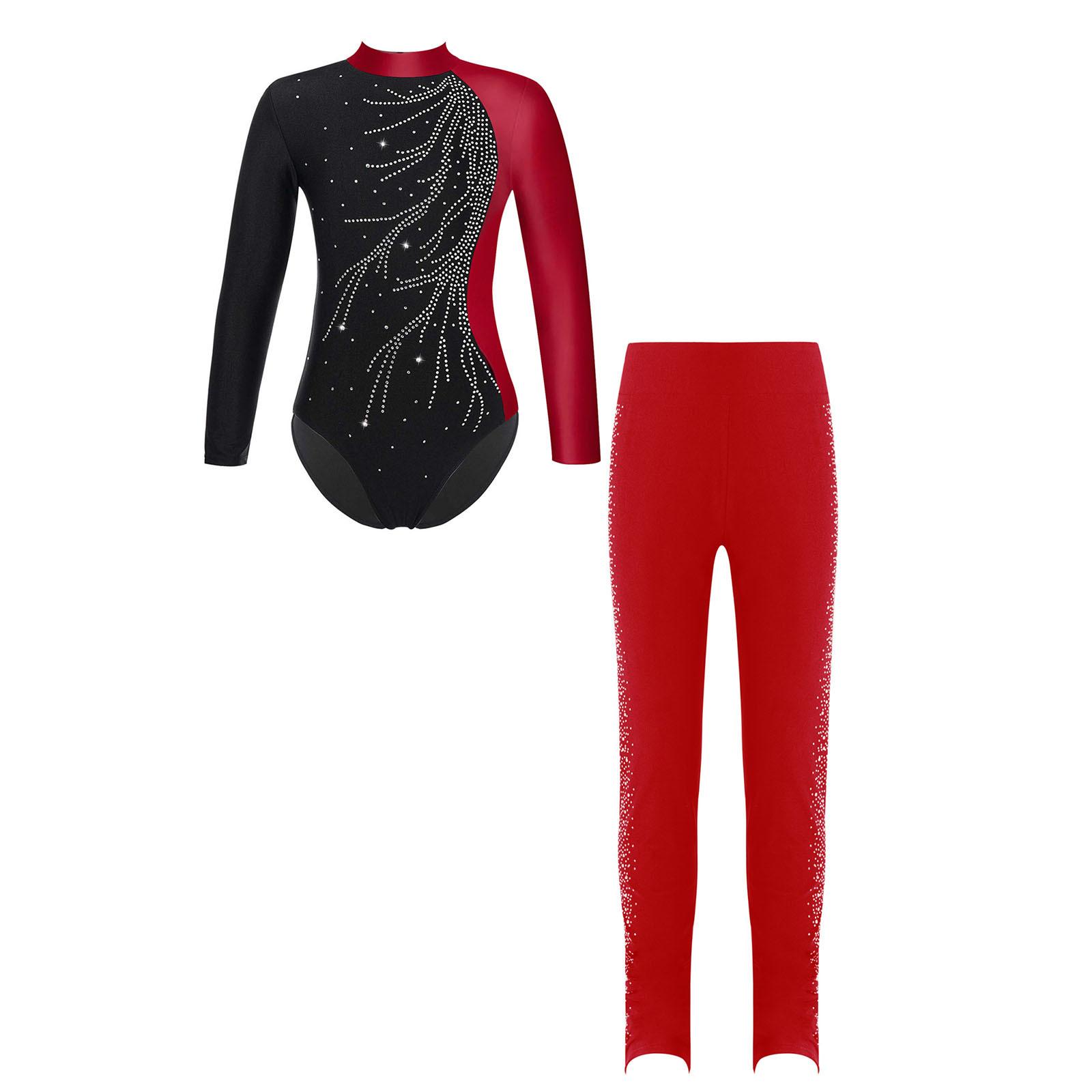 Sxiwei Kinderen Meisjes Gymnastiek Dans Leotard met Leggings Set Ballet Dans IJs Schaatsen Competitie Actief Bodysuit 13-14 Years bordeaux