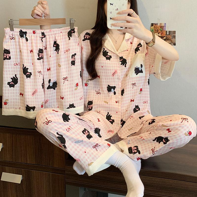 Cartoon Girl Small Fresh Cloud Cotton Pajamas Women'S Summer Short-Sleeved Three-Piece Set Black Cat Plaid Loungewear