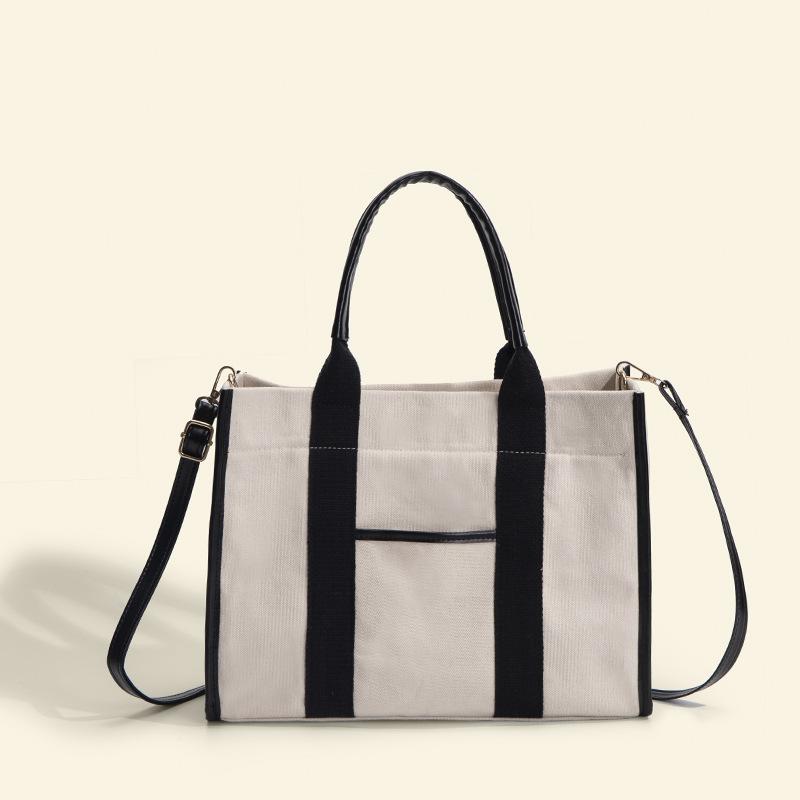 

New high-end cotton cloth large-capacity tote bag women s commuting laptop bag contrasting color canvas single shoulder oblique чорний