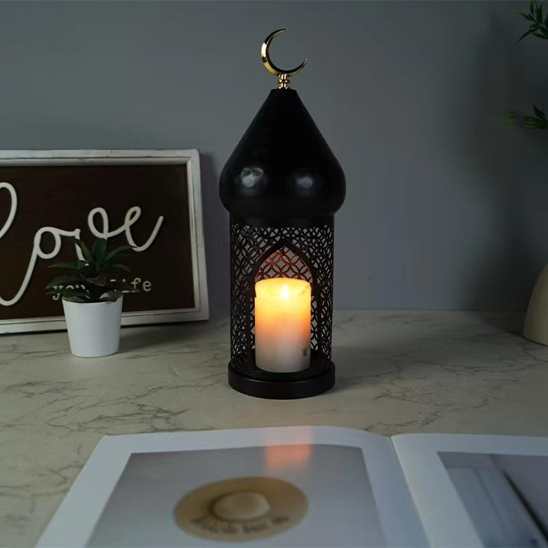 Ramadan Kareem Crescent Dome Lantern Candle Holder Black Metal Islamic Decoration Eid Mubarak Celebration Home Decor