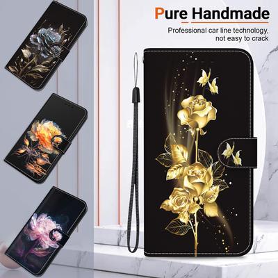 3D Soyut Sanat Resim Siyah Altın Gül Çiçek Deri Telefon Cüzdan Kılıf iPhone Samsung Xiaomi Pro Kızlar Için Kitap Standı Manyetik Kart Kapak Çevirin Çanta