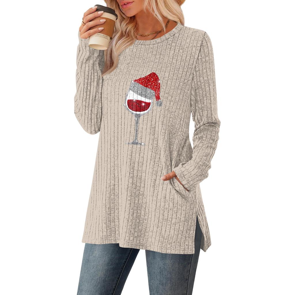 Women's Gradient Printed Round-neck Long-sleeved Top With Pockets And Side Slits