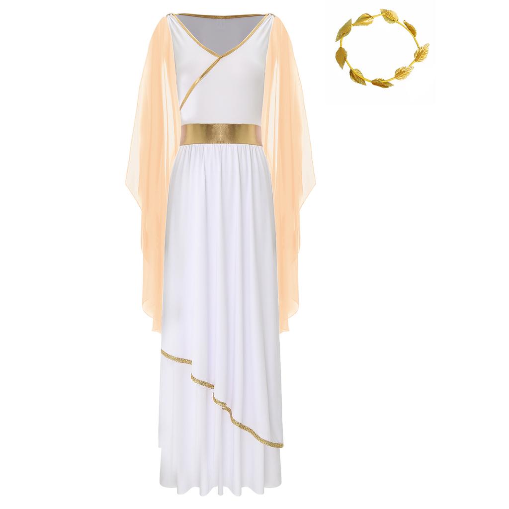 Womens Ancient Greek Roman Queen Costume V Neck Sleeveless Gold Trim Toga Dress Artificial Leaf Garland Headwear