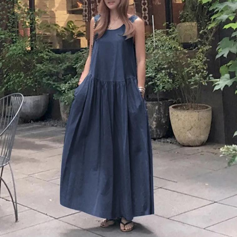 Summer Cotton and Linen Casual Round Neck Sleeveless Large Size Loose Solid Color Vest Long Swing Dress