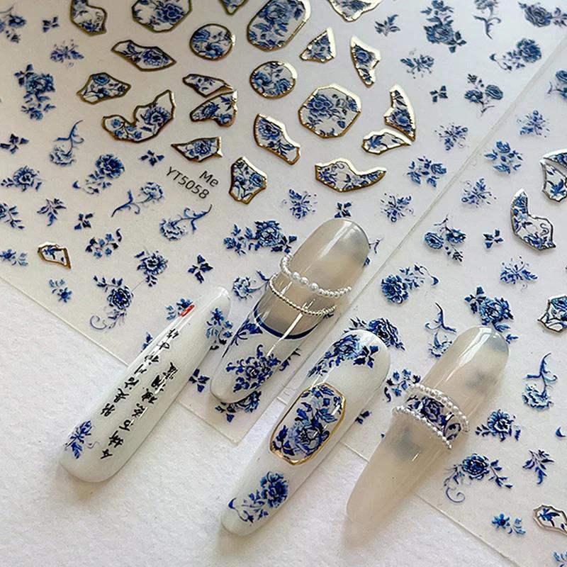 Blue White Porcelain Chinese Style Sticker 3D Self Adhesive Nail Art Sticker Flower Silverback Adhesive Manicure Decal Salon DIY