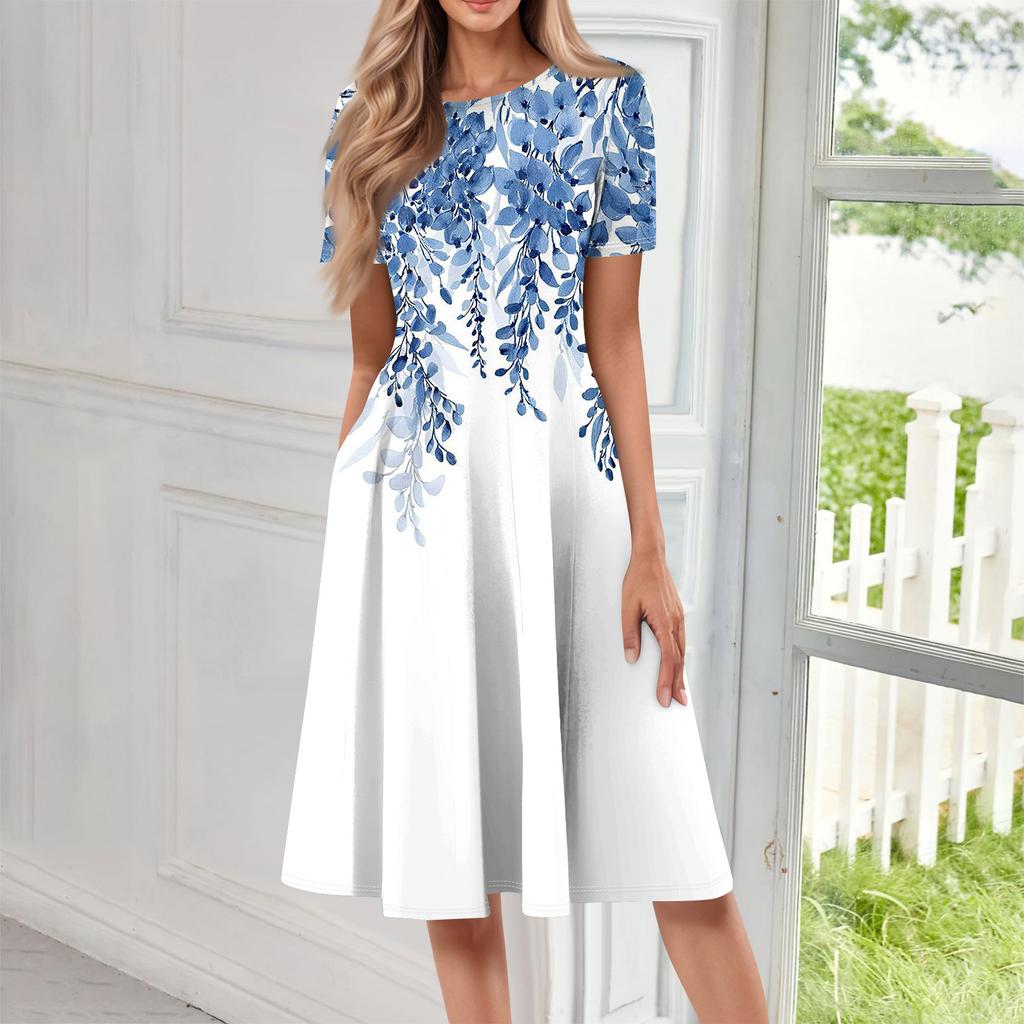 Abito lungo casual stampato da donna con scollo rotondo