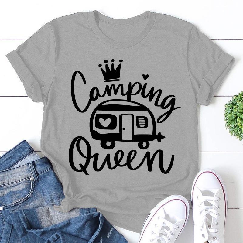 Cute Camping Queen T-shirts For Women Summer Tee Shirt Femme Casual Queen Short Sleeve Camping Round Neck Tops T-shirts
