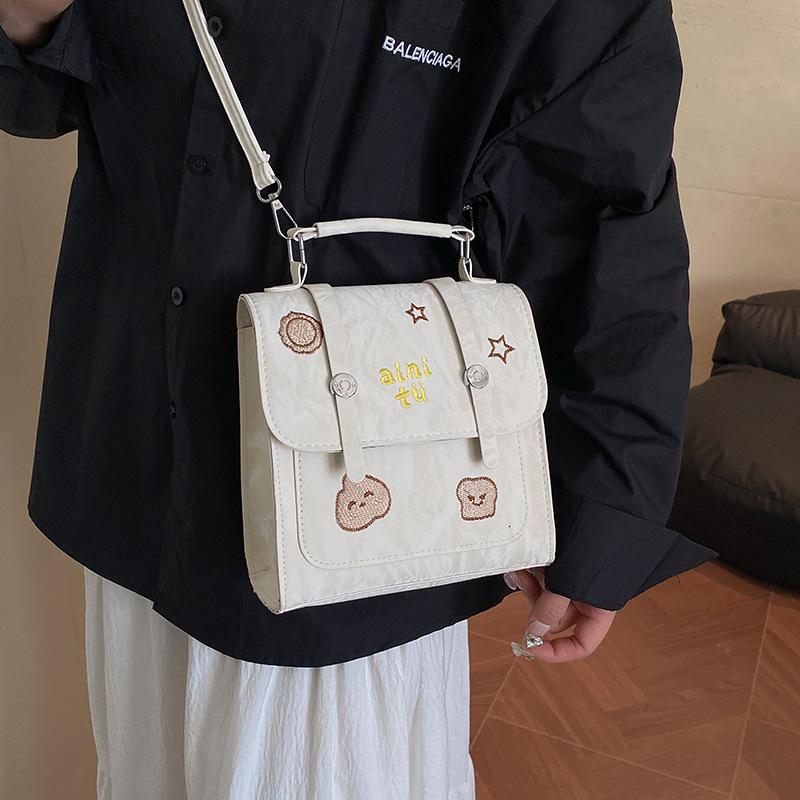 New Retro Embroidery New College Style Popular Solid Color Fashion Portable Shoulder Small Square Bag