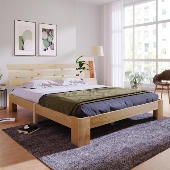 Double Bed Natural Color Flat with Headboard Ergonomic Design Strong Wooden Load Bearing Wood Slat Support Home Furniture Platform