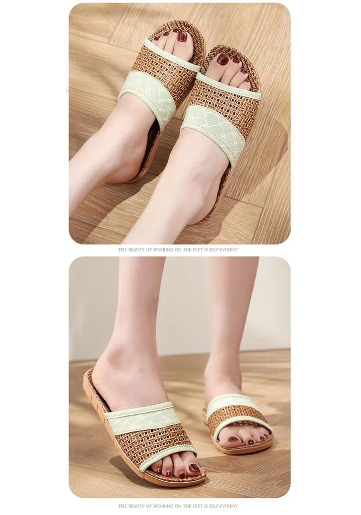 Breathable Rattan Slippers for Couples, All-Season Indoor Wear, Women's Woven Bamboo-Linen, Wooden Floor Friendly.