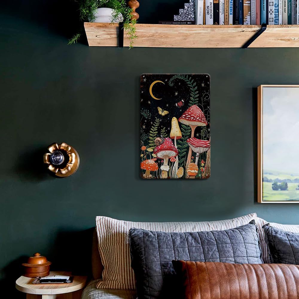 YOYI ART Cute Mushroom Wall Decor Sign - Vintage Metal Tin Sign for Bedroom, Bathroom, Cottage Enchanted Forest Room, Kitchen wall Decor art