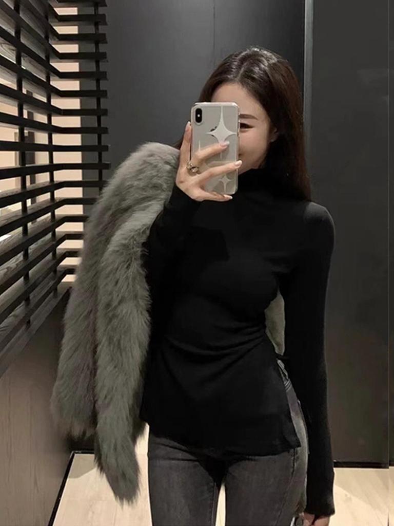 Women's Slimming Double-Sided Velvet Half-High Neck Top – Slim Fit, Flaw-Concealing Design, Niche Autumn/Winter Layer with Slit