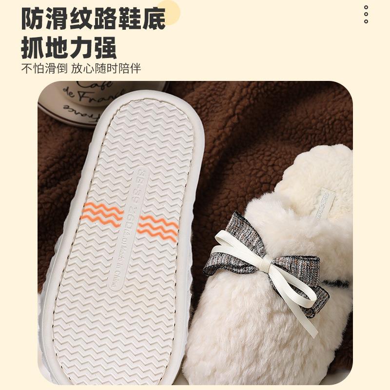Cotton slippers women's bow lace warm plush bag head simple floor fluffy slippers autumn and winter