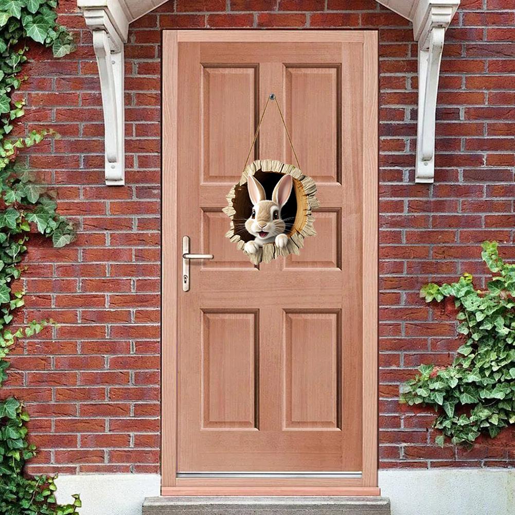 Easter Door Sign Wooden Rabbit Construction Door Sign Bunny Welcome Sign (A)