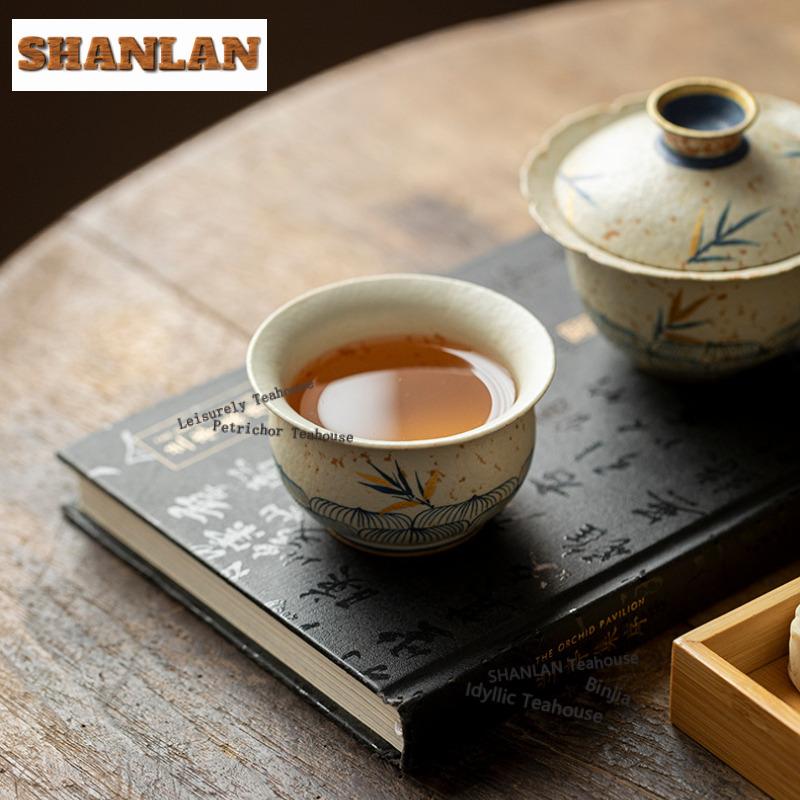 80ml Hand-painted Lotus Bamboo Shadow Teacup Creative Tea Bowl Set of Cups Tea-tasting Fragrance Cup Chazhan Master Cups Cafes