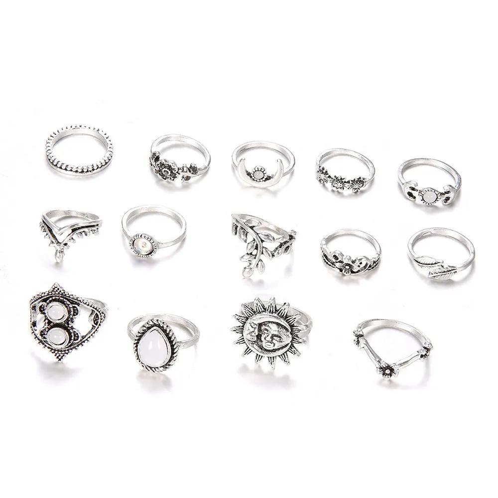 14pcs/Set Women Bohemian Vintage  Stack Rings Above  Blue Rings Set