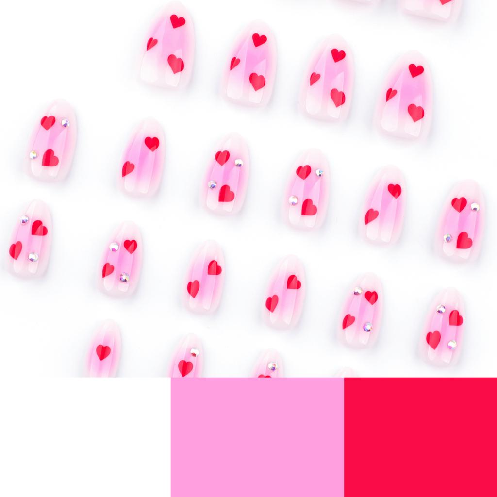 24 Pieces Valentine's Day Love Wear Nail Blush Smudge Nail Art Fake Nail Short Almond Flash Diamond Wear Nail Piece